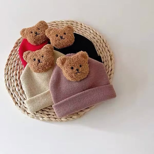 Cute Knitted Baby Wool Hat with Little Bear Design
