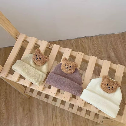 Cute Knitted Baby Wool Hat with Little Bear Design