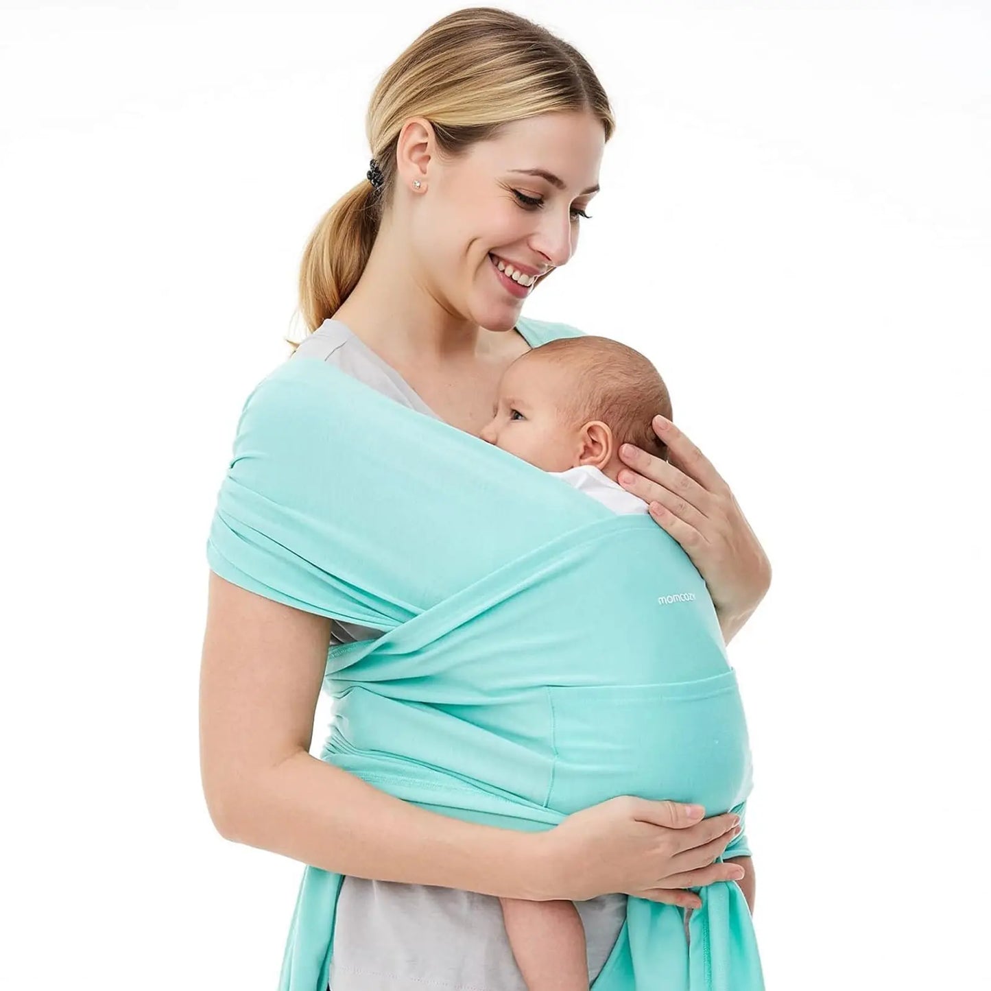 Momcozy Baby Wrap Carrier Ergonomic Infant Slings for Newborn to Toddler 8-35 lbs Adjustable Baby Wrap for Adult Fits Sizes XXS-XXL Easy to Wear Baby Carriers Lake Blue