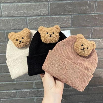 Cute Knitted Baby Wool Hat with Little Bear Design